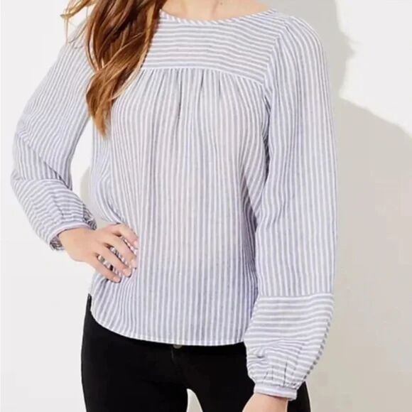 LOFT Rayon Linen Stripe Balloon Long Sleeve Blouse Top Women's Size L Large - Picture 2 of 12